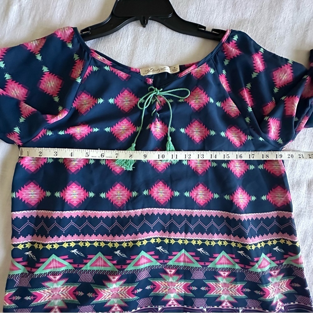Liberty Love Womens Top Blue Aztec Print Top Tasseled Boho Hippie Festival - Picture 8 of 12